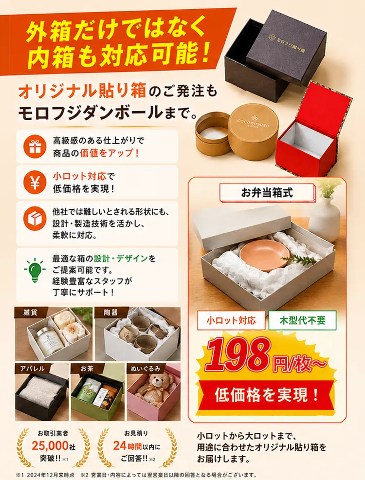 外箱だけではなく内箱も対応可能!オリジナル貼り箱のご発注もモロフジ段ボールまで。